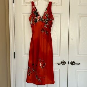 Vintage Deep V-neck Sleeveless Lingerie Inspired Floral Orange Maxi Dress S/M